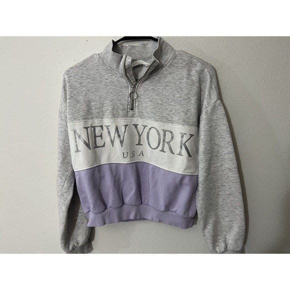 Girls H&M Gray Purple White cropped 1/4 Zip Pullover Sweatshirt  sz 14Y - Picture 1 of 5